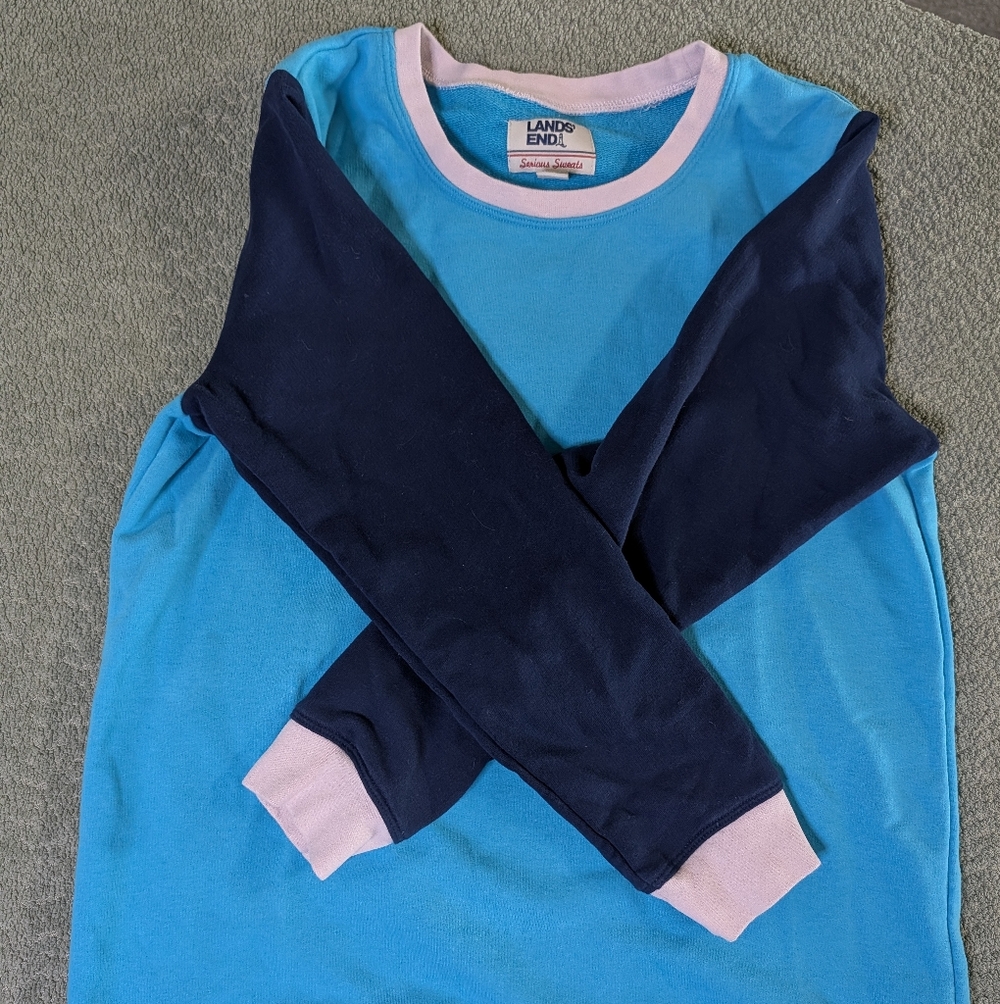 Lands End Colorblock Sweater with Blue and White Accents - Picture 3 of 7